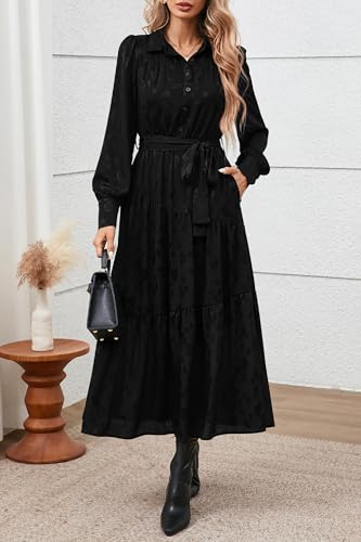 dowerme Women's Casual Dresses 2025 Fall Fashion Long Sleeve Button Up Floral Print Belted Tiered Boho Maxi Party Dress2