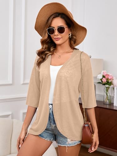 Image of Heymoments Cardigan for Women Khaki Large Draped 3 /4 Sleeve Open Front Lightweight Casual Soft Drape Summer Fall Kimonos Cardigans