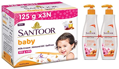 Image of Santoor Baby Soap with Milk Cream, Saffron and Almond Oil, 125g (Pack of 3) & Santoor Perfumed Body Lotion for Whitening & UV Protection with Sandalwood & Sakura Extracts, 250ml (Buy 1 Get 1)