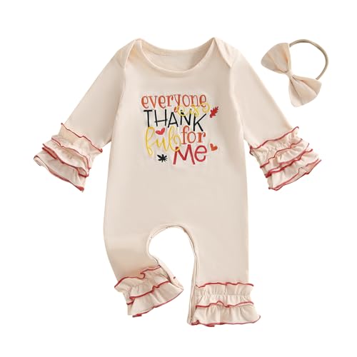 Newborn Baby Girl Thanksgiving Outfit Turkey Letters Embroidery Romper Jumpsuit Long Sleeve Bodysuit with Headband