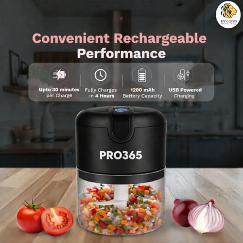 Image of PRO365 Premium Electric Food Chopper | USB Cordless Mini Chopper | Stainless Steel Blades | One-Touch Operation | Food-Grade Bowl | For Garlic, Onion, Vegetables, Meat & Nuts | Black