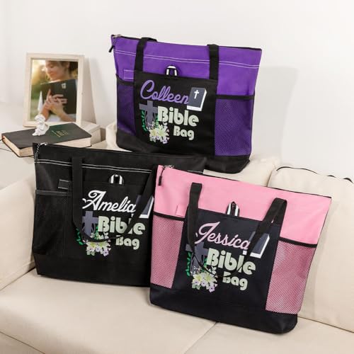 Personalized Cross & Flowers Bible Tote Bag, Custom Bible Study Bag with Mesh, Scripture Shopping Bag Handbag, Christian Gift for Woman/Friend/Family3
