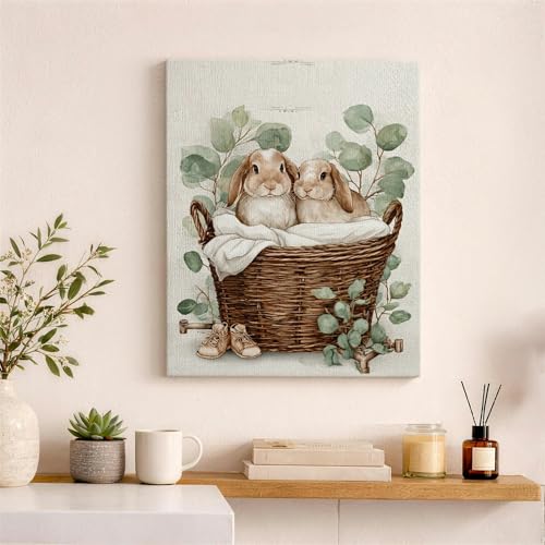 Toile murale vintage lapins de 40x50 cm, tableau vert et marron pour la décoration d'intérieur
