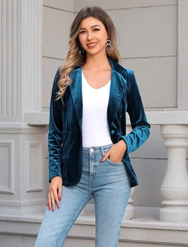 Women's Velvet Blazer Long Sleeve Open Front Button Jacket Outwear with Pockets3