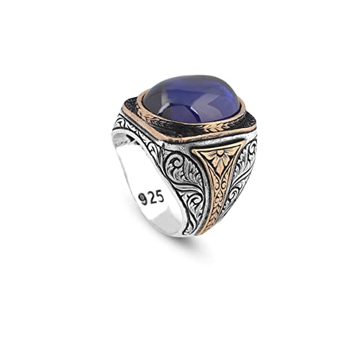 Jewellery Pit - Bague Homme en Saphir Bleu Ovale, Pierre Précieuse, Argent Sterling 925, Fait Main, Millésime, avec Chiffon de Nettoyage en Argent (70)