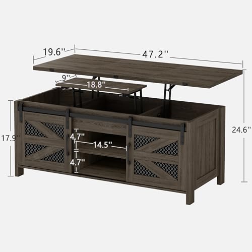 wanan 47.2\" Lift Top Coffee Table, 4 in 1 Farmhouse Coffee Table with Sliding Barn Door, Coffee Tables for Living Room, Dining Room (Grey) - Thumbnail 3