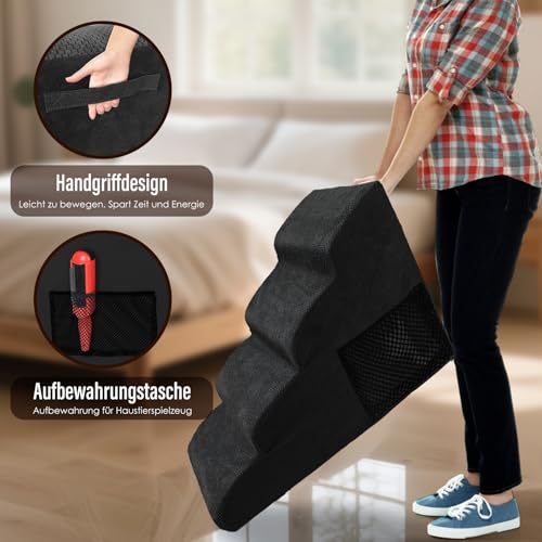 Thihome Hundetreppe für Kleine Hunde, 4 Stufen Haustiertreppe mit Abnehmbarem, Hochdichtem Schwamm Hunderampe mit Waschbarem, Hunde Treppe für Bett und Sofa (Schwarz)