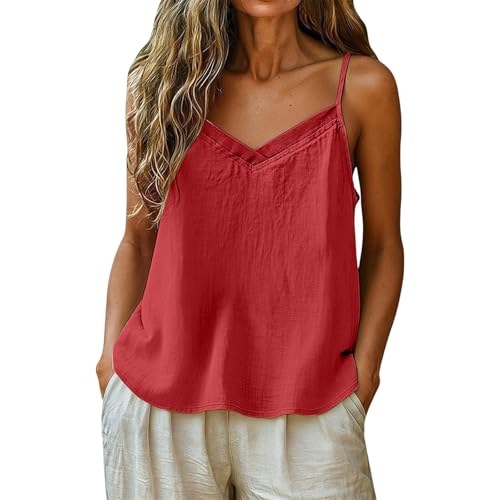 Camiseta deportiva transpirable mujer – Top mujer verano algodón Tank Top transpirable amplio Tank Shirt color sólido lino camiseta ligera cómoda Blusine casa casual camisas playa vacaciones, rojo
