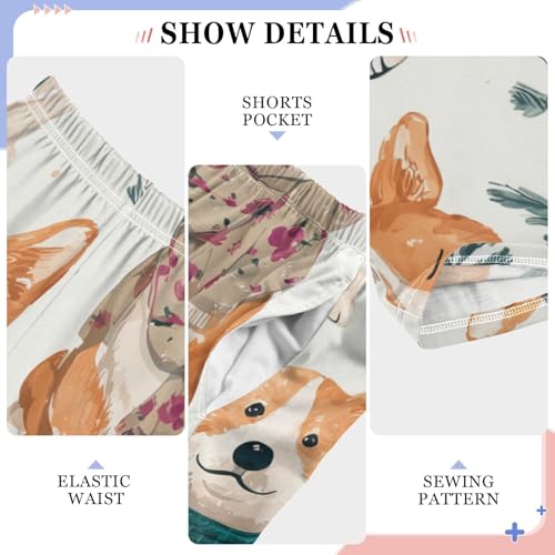 Corgi Dog and Winter Florals Boys Long Pants Soft Trousers Elastic Waist Kids Lounge Bottoms with Pockets S-XL4