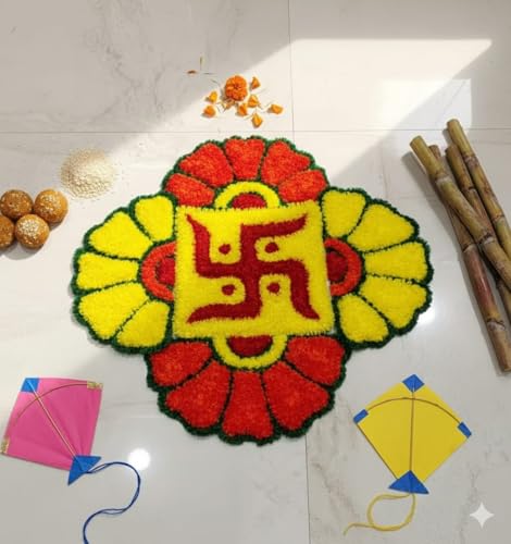 Image of Rangoli Floor Decoration Mat, Haldi & Mehndi Ceremony, Pooja and Festivals | Traditional Floral Design Decorative Mat for Home Entrance, Mandap & Event Decor
