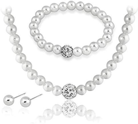 Brishow Wedding Pearl Necklace Set Silver Bridal Crystal Necklaces Earrings Bracelet Sets Rhinestone Brides Necklace Chain Jewelry Sets for Women and Girls (Style 1)