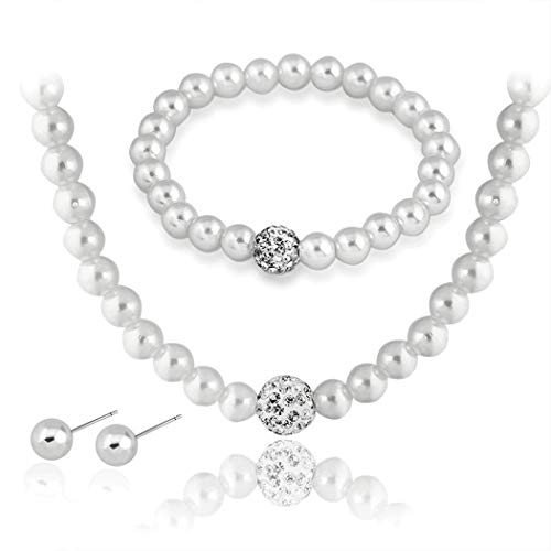 Brishow Wedding Pearl Necklace Set Silver Bridal Crystal Necklaces Earrings Bracelet Sets Rhinestone Brides Necklace Chain Jewelry Sets For Women And Girls (Style 1) #TOP3