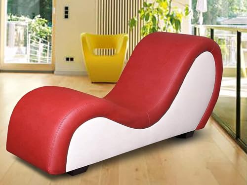 Image of SOUL CRAFT Sheesham Wood Leatherate Tantric Loung Chair, Yoga Chaise Lounge,Chaise Sofa Modern Lounge,Relaxing Chaise Lounge Chair, loveseats with Cushion (RED and White)