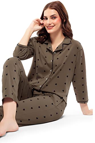 Image of ZEYO Women's Cotton Heart Printed Night Suit Set of Shirt & Pajama Set 51522 (Available in Plus Size)