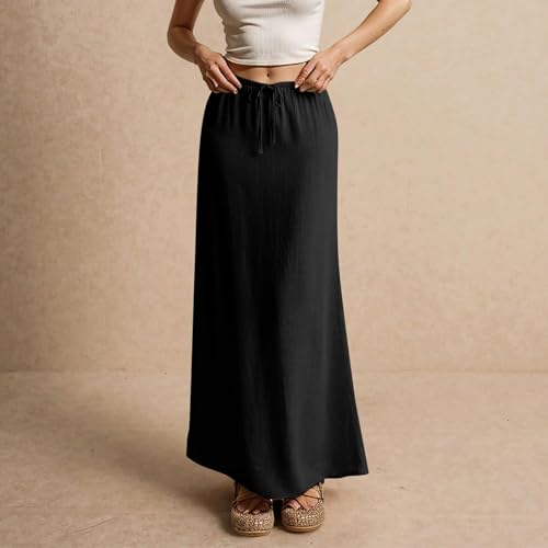 ZWRXW Linen Maxi Skirts for Women Cotton Linen Skirt Elastic Waist Drawstring Waist A Line Skirts Flowy Ankle-Length Skirt3