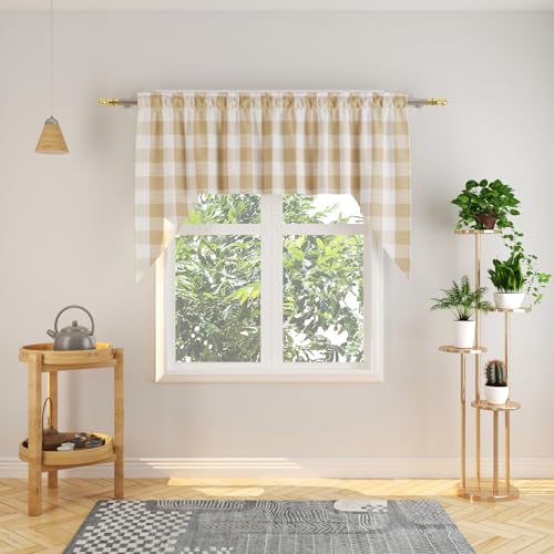 NATUS WEAVER Curtain Swags for Widnows 1 Panel Classic Buffalo Check Swag Country Farmhouse Kitchen Window Curtain - Beige & White, W 54