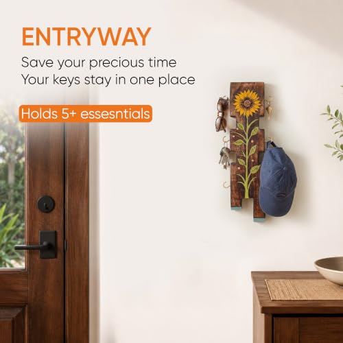 Image of AAKRITI ART CREATIONS Key Holder, Sunflower Wooden Key Hanger | Rustic Wooden Wall Organizer with 6 Hooks | New Home Gifts | Multifunctional Entryway Decor Item