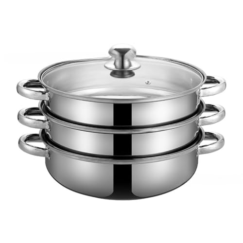 HeartTrend 304蒸し器 大容量 2合/3合/4合/5段蒸し器 両手鍋 ガラス蓋付き ステンレス 樹脂仕上げ IH対応 多機能 各種熱源対応 (3層,30cm)