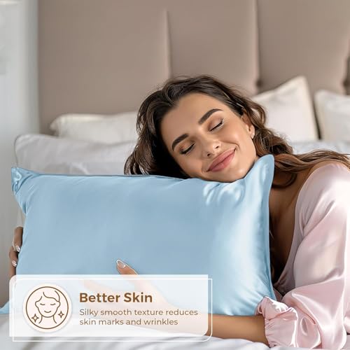 Image of Satin Pillow Covers Set of 2 with 3 Free Random Color Hair Scrunchies - Anti-Frizz, Skin-Friendly, Soft & Durable Pillowcase Set for All Hair Types (Aqua)