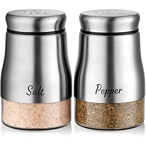 Salt and Pepper Shakers Set, Bivvclaz 5 Ounce Stainless Steel Salt and Pepper Dispenser with Glass Bottom, Cute Salt and Pepper Shakers for Modern Home Kitchen Decor, Silver Cover