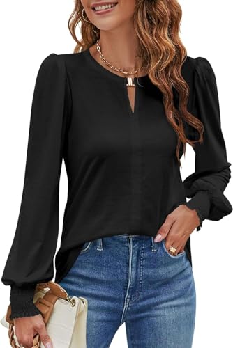 NAIOSS Damen Bluse Langarm Elegant Oberteile Herbst Langarmshirt V-Ausschnitt Puffärmel Shirts Casual Tops(Schwarz/M)