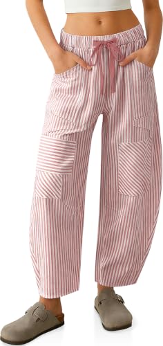 Image of TARSE Womens Striped Linen Barrel Pants with Pockets Y2k Patchwork