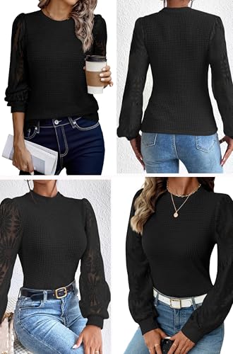 Image of BLENCOT Womens Casual Crochet Top Mesh Lace Long Sleeve Shirts Waffle Knit Blouse Crewneck Shirt Fall Womens Tops Pullover