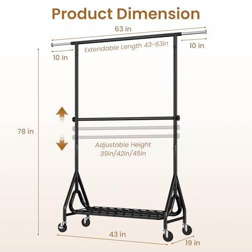 Image of Double Rods Clothing Rack, Heavy Duty Clothes Rack for Hanging Clothes Load 560LBS, Metal Rolling Garment Racks with Wheels, Freestanding Clothes Hanging Racks, Black