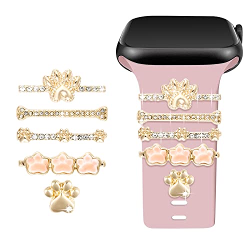 Shesyuki 5 Pieces Set Gold Watch Band Charms with Decorative Rings Loops and Clasp Compatible with Apple Watch 38mm 40mm 41mm 42mm 44mm 45mm Pet Paw Metal Diamond Sliding Strap Accessories for iWatch Series 8 7 6 5 4 3 2 1 (NO WATCH BAND)