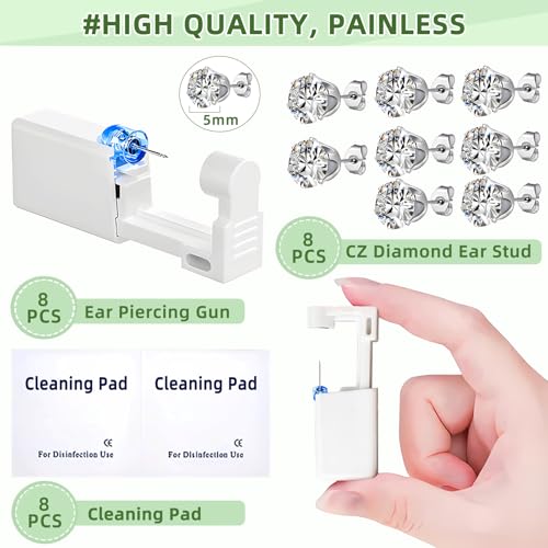 24 Pcs Ear Piercing Kit: Disposable Ear Piercing Gun Kit with 8 Guns, 8 Pcs Earrings Stud, 8 Pcs Cleaning Pads