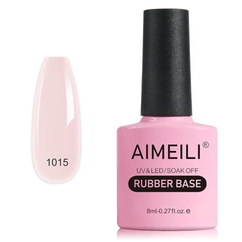 AIMEILI Base Rubber Gel, Cura UV/LED Autonivelante para Uñas Reforzador de Uñas Flexible con Brillo Pegamento para Rhinestones Gelatina Gel Base y Builder 5 en 1, 1015