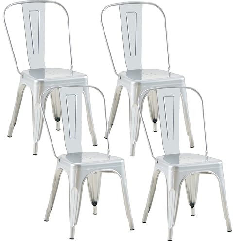 Image of Metal Dining Chairs with Backrest, Stackable, Silver, 4 Pack | Easy Assembly, Non-Slip Feet, 330 lb Capacity, Kitchen, Restaurant, Cafe, Pub, Covered Patio