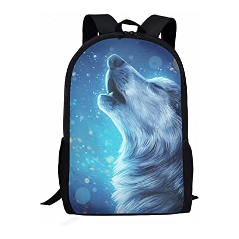 Binienty Mochila escolar Arte lobo azul Cover