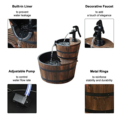 Wood Barrel with Pump Outdoor Water Fountain - Medium Garden Water Fountain