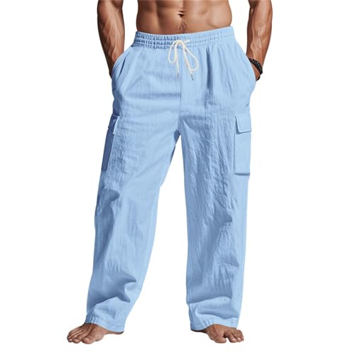 Linen Cargo Pants Men Baggy Casual Lightweight Drawstring Elastic Waist Pants Summer Big and Tall Beach Trousers