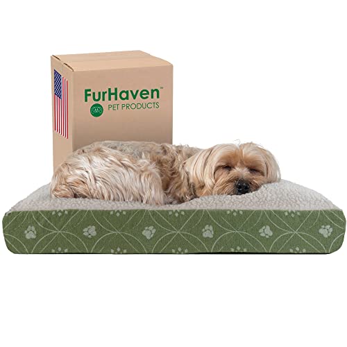 Image of Furhaven Pillow Dog Bed for Small Dogs w / Removable Washable Cover - Sherpa & Flannel Paw Print Mattress - Jade Green, Small