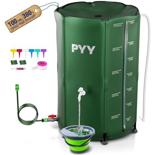PYY Rain Water Collection Barrel - 100 Gallon Green Water Storage Tank with Spigots, Hose and...