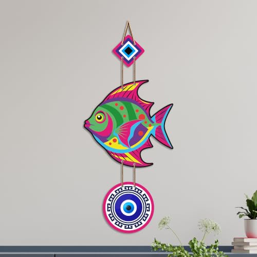 Image of Artvibes Colorful Fish Evil Eye Wall Hanging for Home Entrance | Nazar Battu MDF Decorative Wall Art | Lucky Vastu Decor for Bedroom | Office | Balcony & Living Room (WH 8532N)