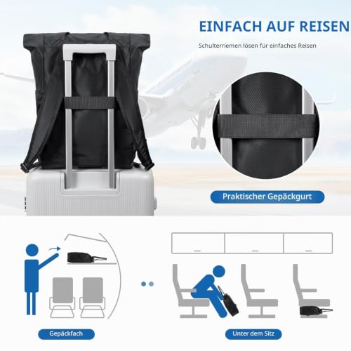 GOLF QUALITY Rolltop Rucksack Damen Herren, Rucksack Tasche 2 in 1 Damen Foldable Handtasche Leichtgewicht Casual Schultertasche Nylon Reiserucksack Arbeit Wander,22L Schwarz