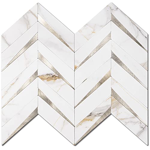STICKGOO 10-Sheet Herringbone Tile Peel and Stick Backsplash, Calacatta Marble Mixed Light Gold PVC Stick on Backsplash, Self Adhesive Wall Tile for Kitchen and Bathroom STICKGOO 10-Sheet Herringbone Tile Peel and Stick Backsplash, Calacatta Marble Mixed Light Gold PVC Stick on Backsplash, Self Adhesive Wall Tile for Kitchen and Bathroom
