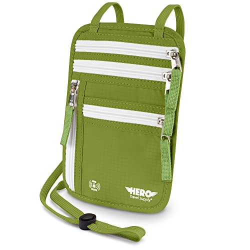 HERO Neck Wallet – RFID Blocking Passport Holder – Easy to Conceal Travel Pouch, Lime Green