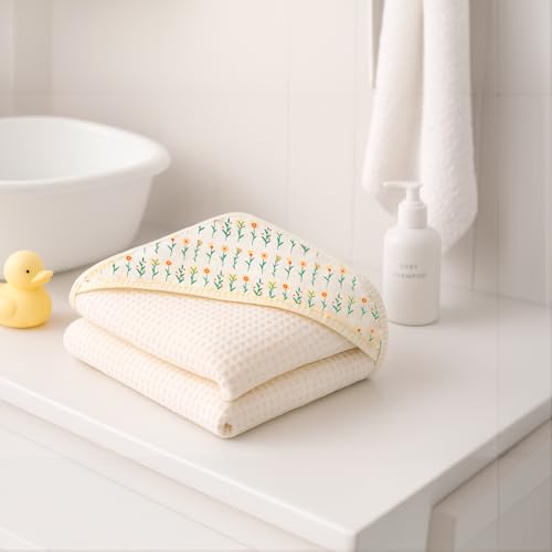Image of TIDY SLEEP Waffle Design Baby Bath Towel - Ultra Soft, Highly Absorbent Flora