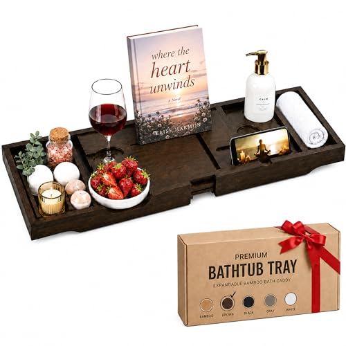 Bambüsi Bathtub Tray for Tub - Brown Bamboo Bath Tray, Expandable Wooden Bath Caddy Tray with Wine Holder, Book and Tablet Stand, Bathroom Accessories, Tub Table, Spa Bath Gifts for Women and Couples