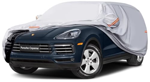 GUNHYI 6 Layers SUV Car Cover Waterproof Breathable, Heavy Duty Outdoor 4x4 Car Cover Sun Rain Dust Protection With Zip, Universal Fit For Porsche Cayenne, BMW X5, Range Rover Sport etc. Silver