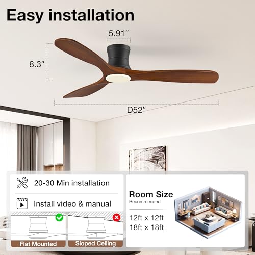 Image of 52In Wood Low Profile Ceiling Fans with Lights Remote,Flush Mount,Outdoor