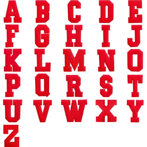 mancyz Chenille Varsity Letter Patches 26 Red A-Z Letters Iron-on or Sew-on for Crafts Clothes Hats Bags Shoes Embroidered Repair