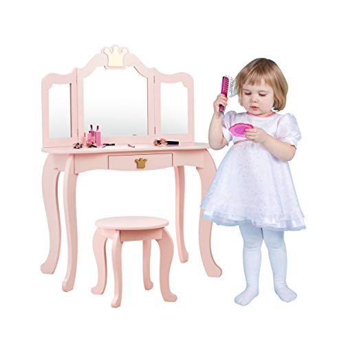 Honey Joy Kids Vanity, Crown Themed Toddler Dressing Makeup Table And Chair Set W/Drawer & Tri-Folding Mirror, Detachable Mirror, Princess Pretend Play Girls Vanity Set With Mirror And Stool(Pink) #TOP7