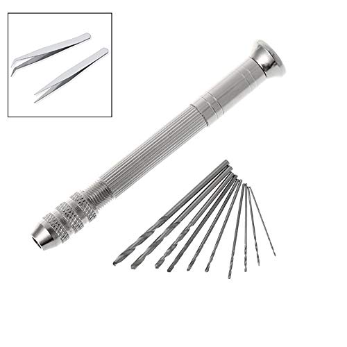 Topwon Hand Drill Bits Set, Resin Drill Pin Vise Drill, 10 Pieces Mini Twist Drill Bits and 2 Pieces Tweezers for Jewelry Metal Wood Model Making, DIY Drilling