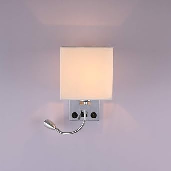 Bedside Wall Light, E27 Polished Chrome Wall Lamp with Adjustable LED Gooseneck Reading Light - 2 in 1 Reading Soft Light Wall Lamp with 2 Lights 2 Switches for Bedroom Living Room Home