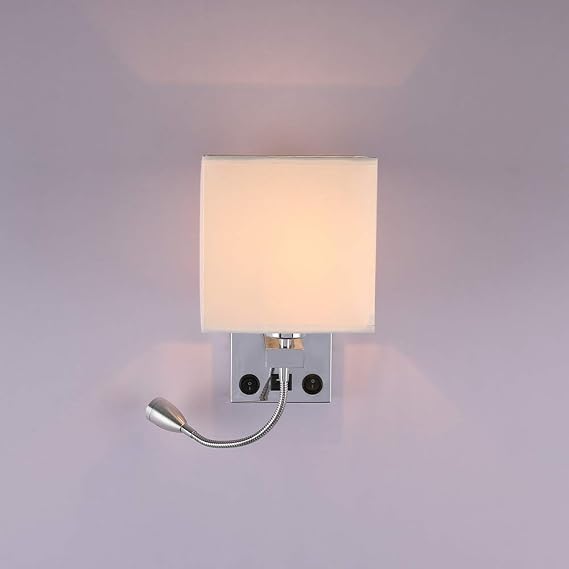 Bedside Wall Light, E27 Polished Chrome Wall Lamp with Adjustable LED Gooseneck Reading Light - 2 in 1 Reading Soft Light Wall Lamp with 2 Lights 2 Switches for Bedroom Living Room Home
